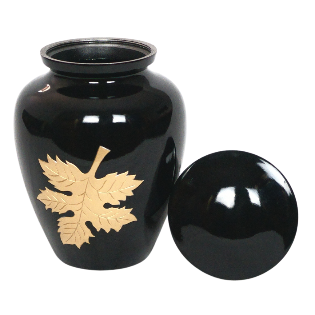 Black urn with gold autumn leaf etched lid off